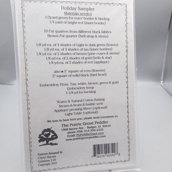 UNUSED Holiday Sampler Sewing Patterns Kit, 2003 Prairie Grove Peddler, Vintage - Picture 3 of 3